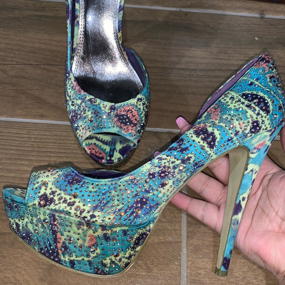 Teal, blue, yellow, pink Heels with rhinestones. Size 10M worn maybe 2 times
